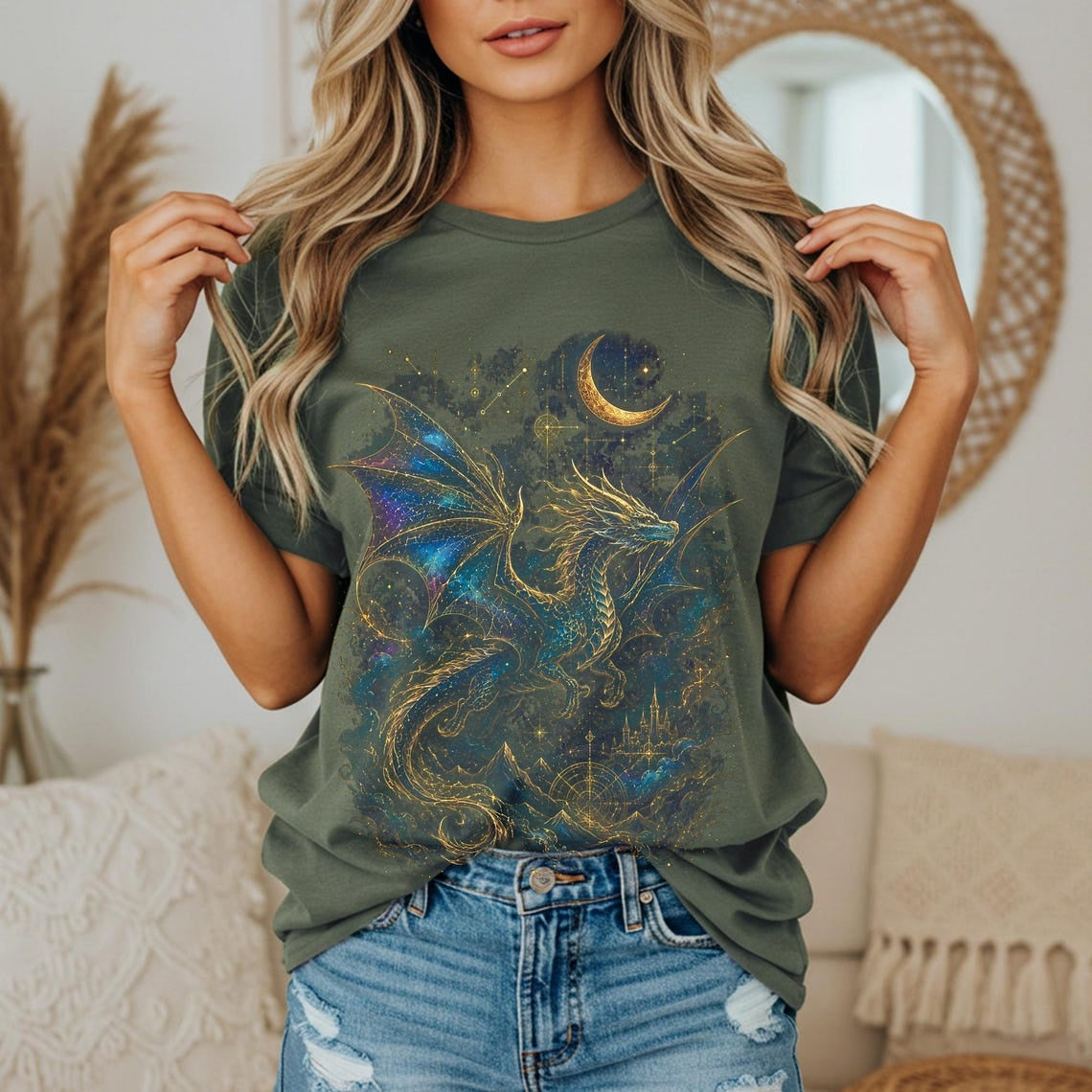 Celestial Dragon Shirt, Gold Fantasy T-Shirt, Mystic Dragon Tee for Witchcore Style, Moon Star Tee, Gothic Clothing, Fantasy Lovers Gift