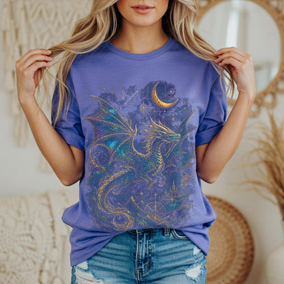 Celestial Dragon Shirt, Gold Fantasy T-Shirt, Mystic Dragon Tee for Witchcore Style, Moon Star Tee, Gothic Clothing, Fantasy Lovers Gift