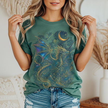 Celestial Dragon Shirt, Gold Fantasy T-Shirt, Mystic Dragon Tee for Witchcore Style, Moon Star Tee, Gothic Clothing, Fantasy Lovers Gift