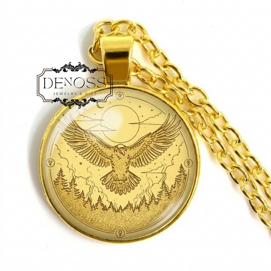 Celestial Raven Necklace,Bird with Moon and Pines