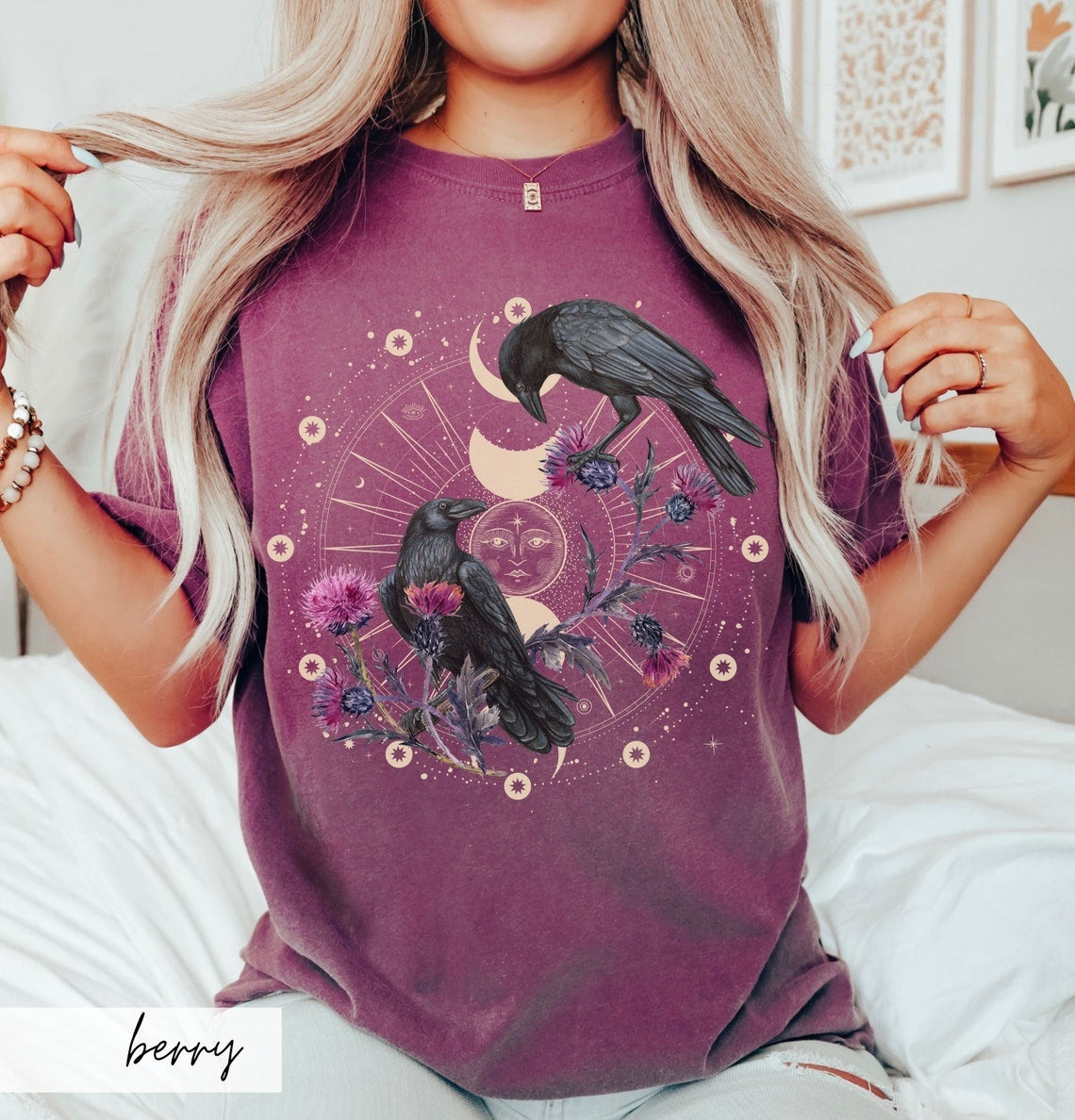 Celestial Raven Thistle Comfort Colors Tshirt,Moon Phase Bird Lover Gift