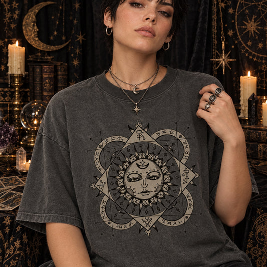 Celestial Sun Shirt ,Sigil Yantra Esoteric Occult ,Divine Feminine Dark Academia Shirt, Ancient Pagan Shirt ,Dark Feminine Goddess, Moon Goddess