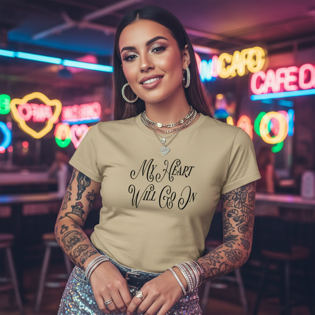 Beige t-shirt with 'My Heart Will Go On' text on a white background