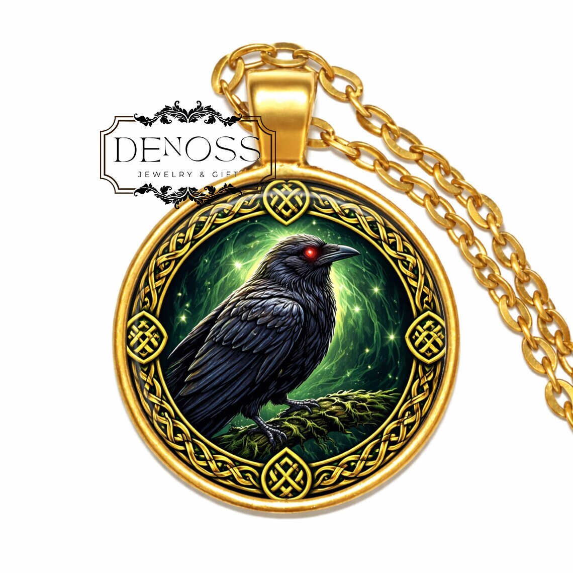 Celtic Raven Pendant Necklace,Gold Tone Knot Amulet,Mythology Jewelry