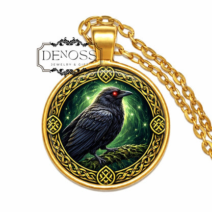 Celtic Raven Pendant Necklace,Gold Tone Knot Amulet,Mythology Jewelry