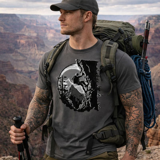 Man with tattoos wearing a t-shirt with a mountain design, standing in front of a canyon.