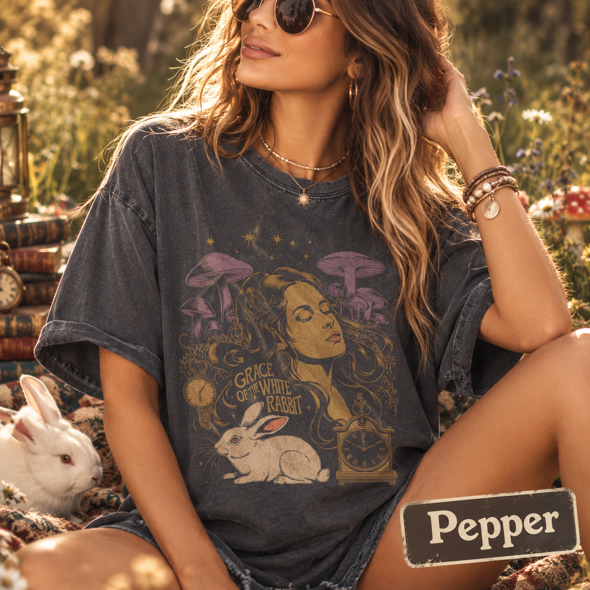 Vintage Psychedelic Rock Tee, 60s Acid Rock Band Inspired White Rabbit Graphic Shirt, Retro Mushroom Art Concert T-Shirt