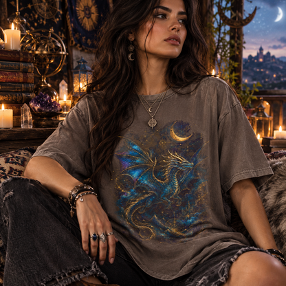 Celestial Dragon Shirt, Gold Fantasy T-Shirt, Mystic Dragon Tee for Witchcore Style, Moon Star Tee, Gothic Clothing, Fantasy Lovers Gift