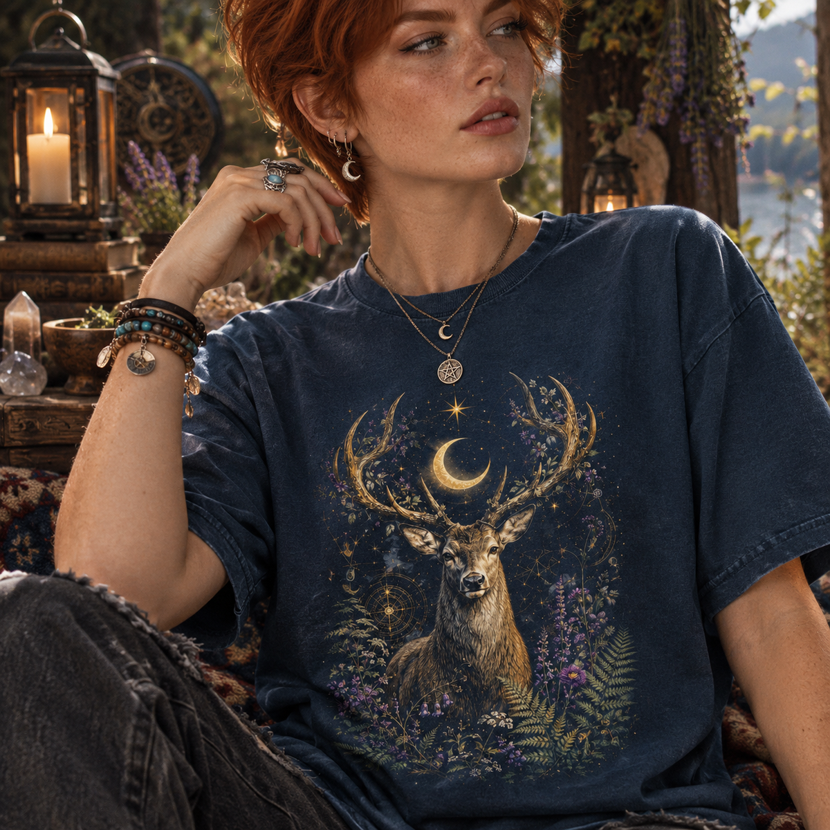 Mystic Deer Shirt, Gothic Tee, Witchy T-Shirt, Forest Tee for Women, Celestial Stag Art, Whimsical Woodland, Retro Magical Nature Apparel