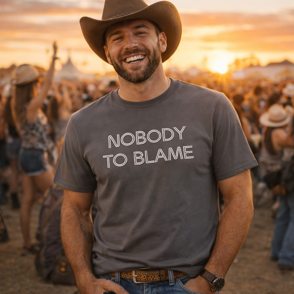 Man wearing a 'Nobody to Blame' t-shirt at a concert with a sunset in the background