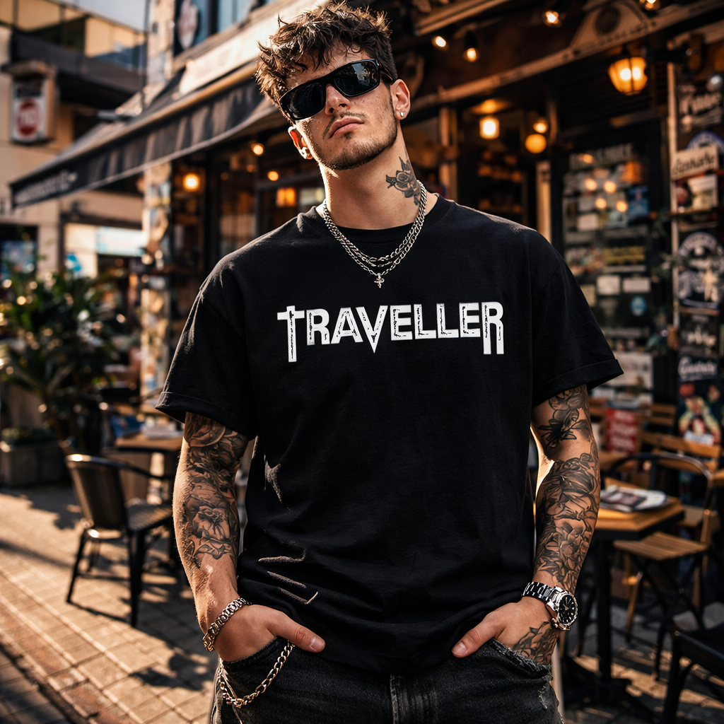 Man wearing a black t-shirt with 'TRAVELLER' text in an urban setting