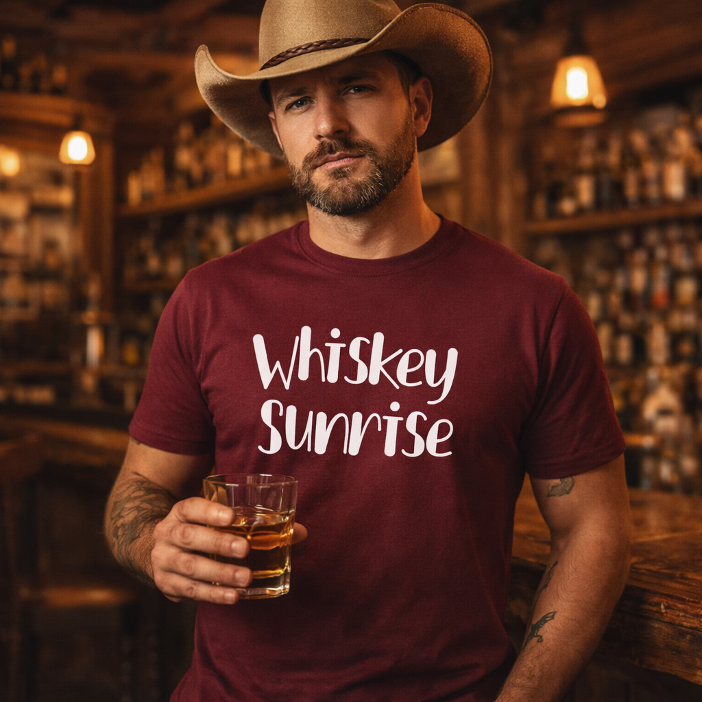 Man wearing a maroon 'Whiskey Sunrise' t-shirt holding a glass of whiskey in a bar setting.