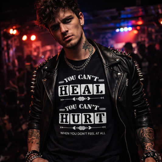 Person wearing a black leather jacket and a t-shirt with a motivational quote, standing in a dark, possibly concert-like setting.