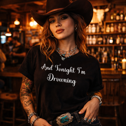 Woman wearing a black t-shirt with text in a bar setting