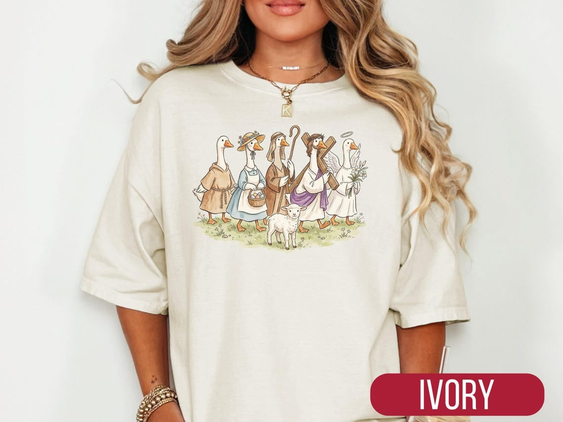 Christian Easter Shirt, Whimsical Goose Parade Tee, Religious Faith Apparel,