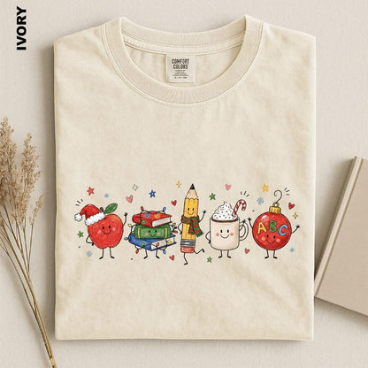 Christmas Teacher Shirt, Cute Teacher Xmas Comfort Colors Tee, Apple Books Pencil Coffee Ornament T-shirt, Educator Festive Holiday tshirt