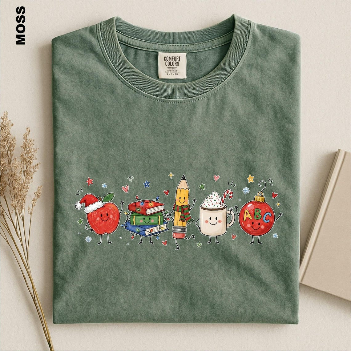 Christmas Teacher Shirt, Cute Teacher Xmas Comfort Colors Tee, Apple Books Pencil Coffee Ornament T-shirt, Educator Festive Holiday tshirt