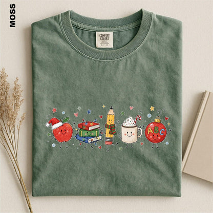 Christmas Teacher Shirt, Cute Teacher Xmas Comfort Colors Tee, Apple Books Pencil Coffee Ornament T-shirt, Educator Festive Holiday tshirt
