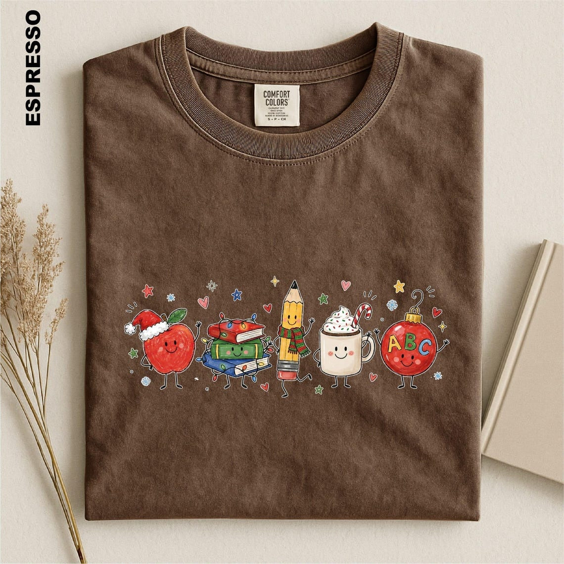 Christmas Teacher Shirt, Cute Teacher Xmas Comfort Colors Tee, Apple Books Pencil Coffee Ornament T-shirt, Educator Festive Holiday tshirt