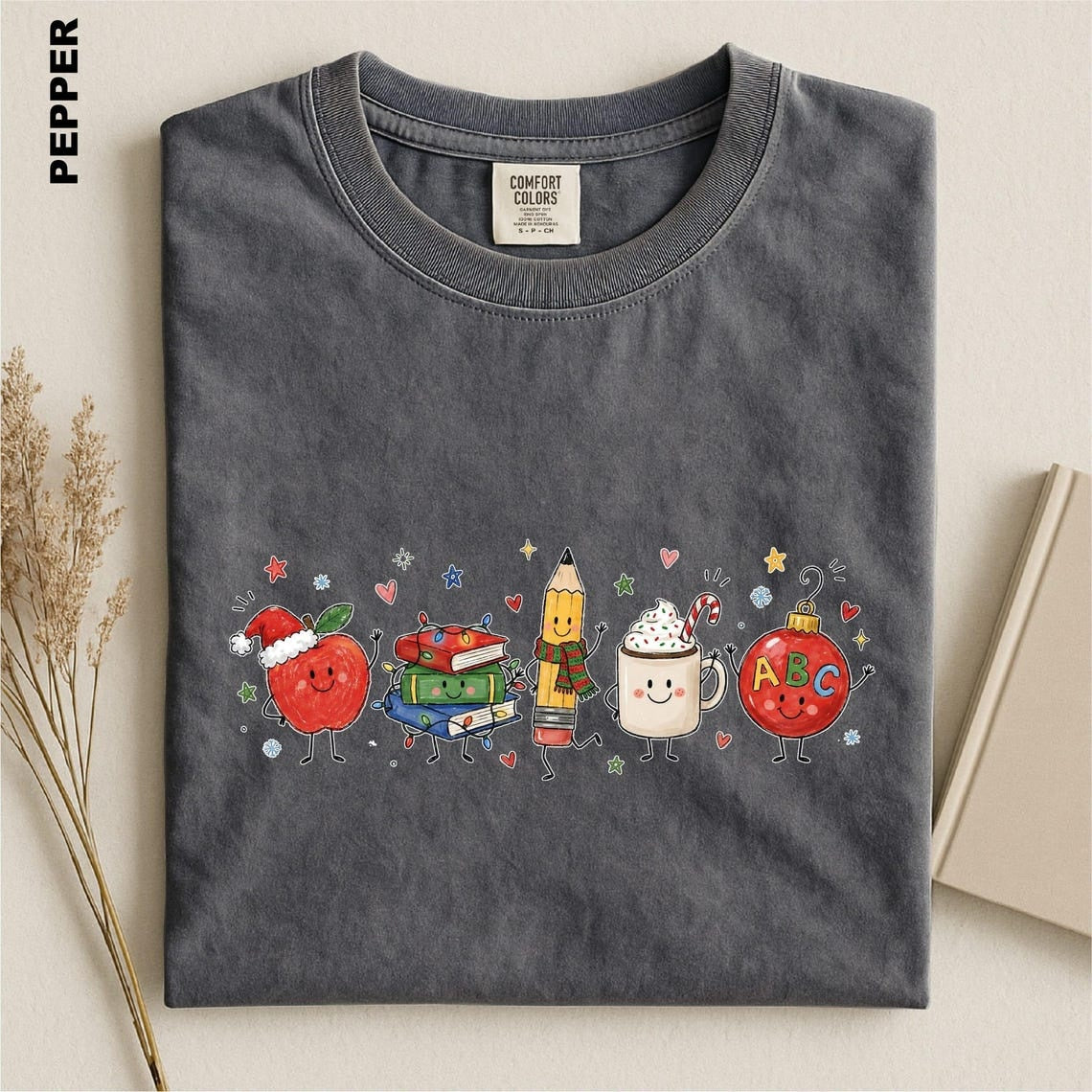 Christmas Teacher Shirt, Cute Teacher Xmas Comfort Colors Tee, Apple Books Pencil Coffee Ornament T-shirt, Educator Festive Holiday tshirt