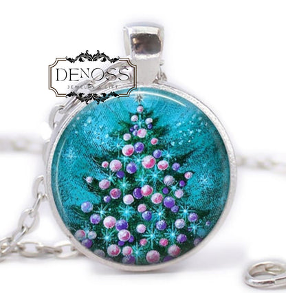 Christmas Tree Cabochon Pendant Necklace,Retro Holiday Jewelry