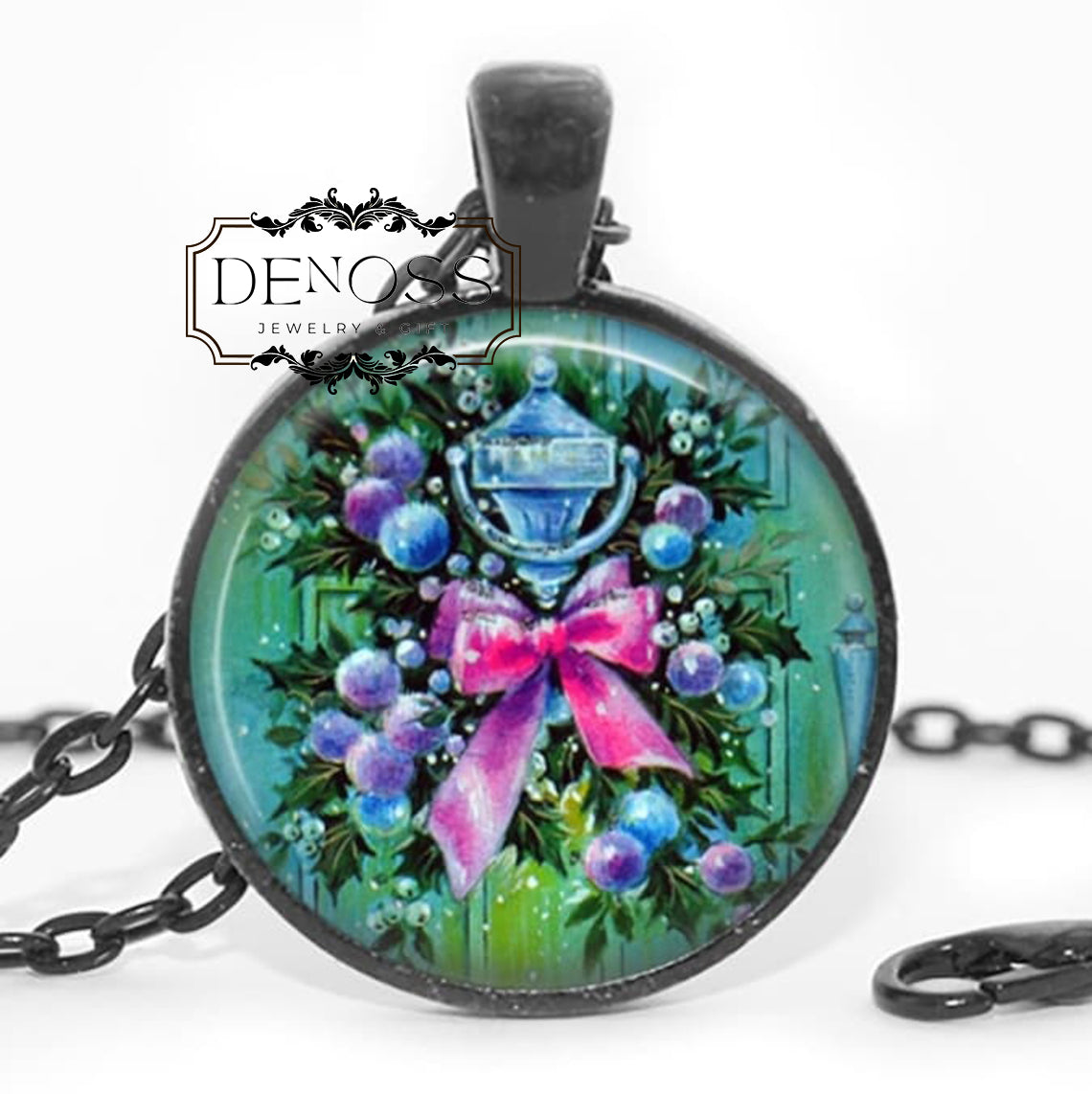 Christmas Wreath Cabochon Pendant Necklace,Retro Holiday Jewelry