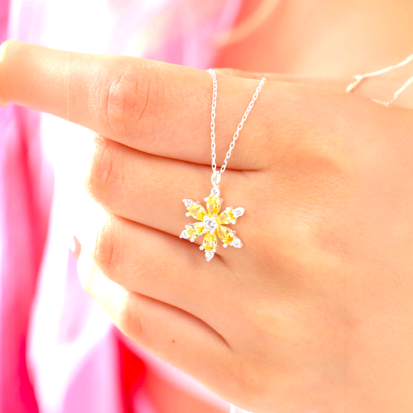 925 Sterling Silver Chain Citrine Lotus Camellia Flower of Life Necklace