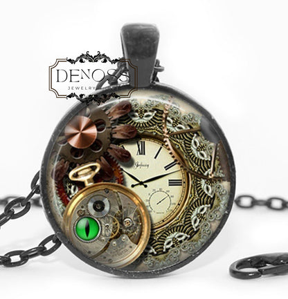Clock Gears Necklace,Faux Steampunk Clock Glass Art Pendant