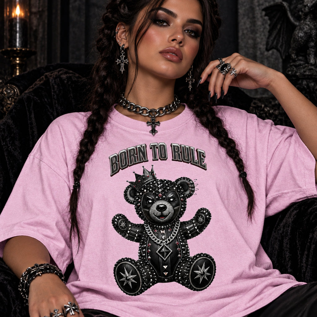 Comfort Colors Born To Rule Teddy Bear Shirt, Luxury Gothic Bear Tee, Streetwear Bear Shirt, Rock Punk Teddy Tee, Handmade Teddy Bear Tee - Denoss