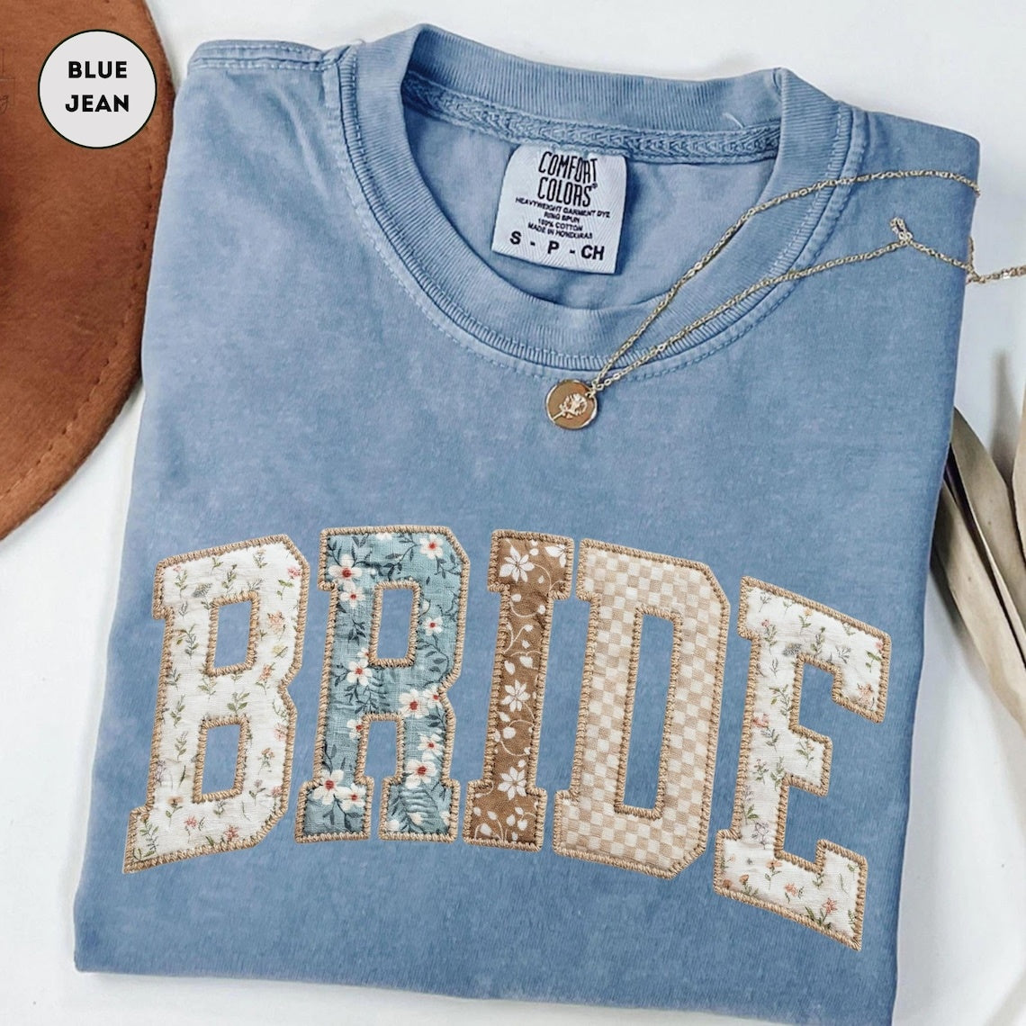 Comfort Colors Bride T-Shirt, Floral Patchwork Varsity Tee