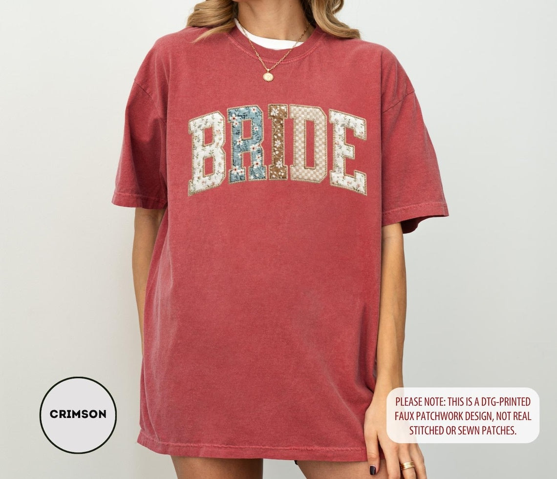 Comfort Colors Bride T-Shirt, Floral Patchwork Varsity Tee