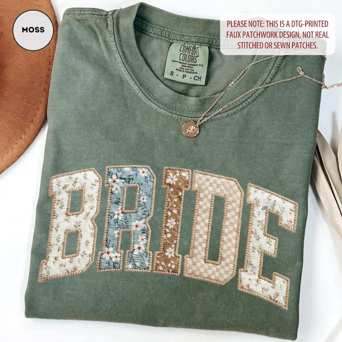 Comfort Colors Bride T-Shirt, Floral Patchwork Varsity Tee