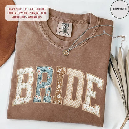Comfort Colors Bride T-Shirt, Floral Patchwork Varsity Tee