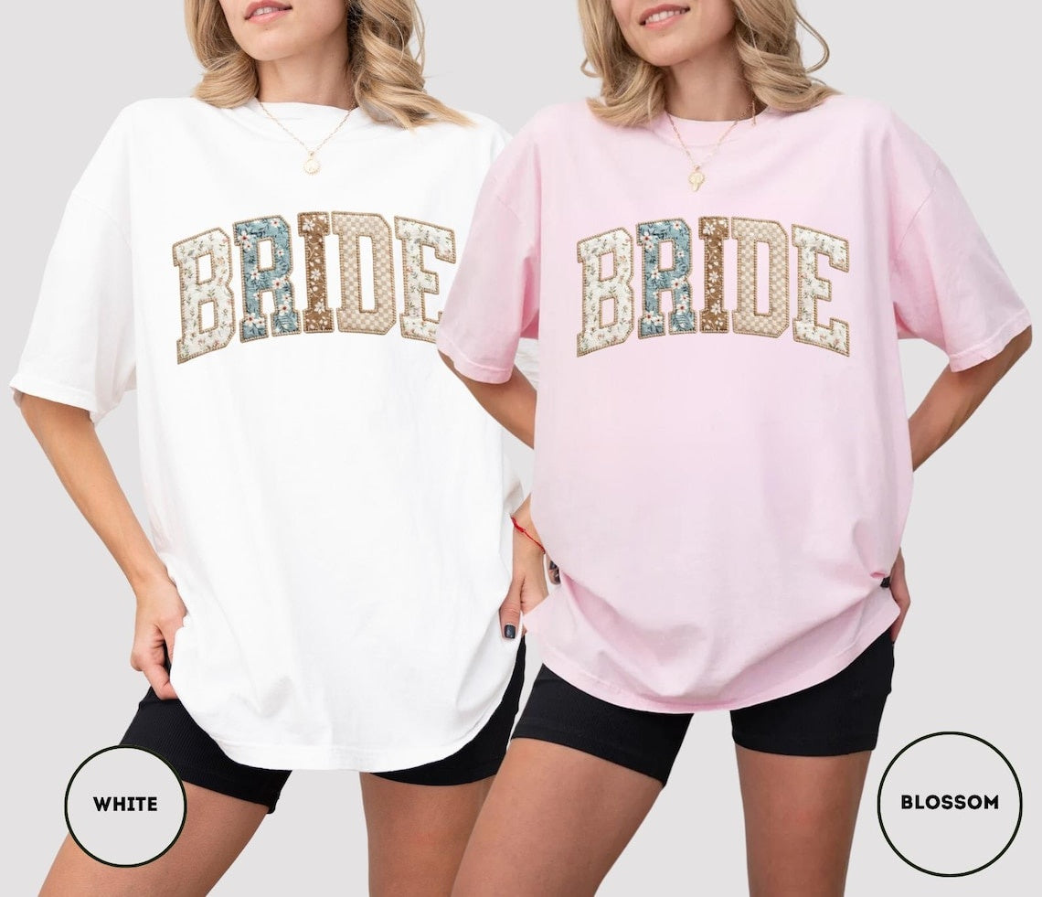 Comfort Colors Bride T-Shirt, Floral Patchwork Varsity Tee