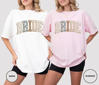 Comfort Colors Bride T-Shirt, Floral Patchwork Varsity Tee