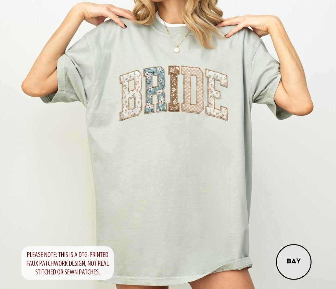 Comfort Colors Bride T-Shirt, Floral Patchwork Varsity Tee