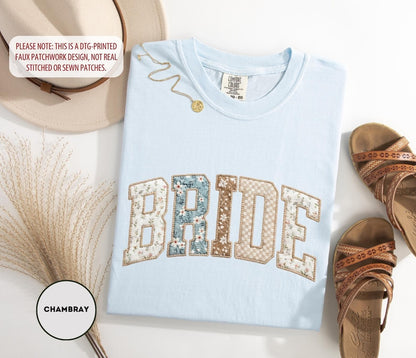 Comfort Colors Bride T-Shirt, Floral Patchwork Varsity Tee