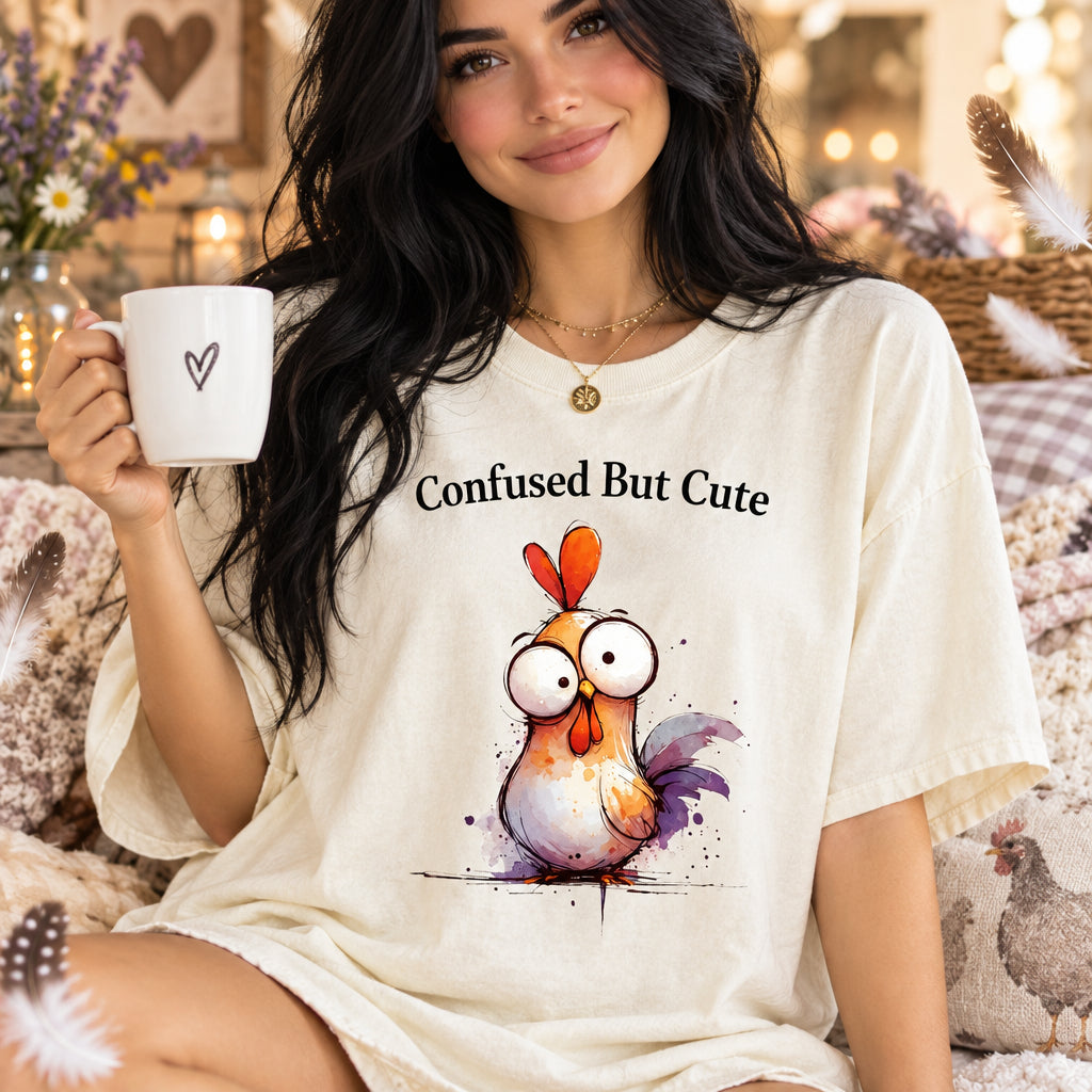 Comfort Colors Confused But Cute Shirt, Funny Chicken Tee, Cute Chicken Shirt, Handmade Chicken and Glasses Tee, Silly Chicken Graphic Shirt - Denoss