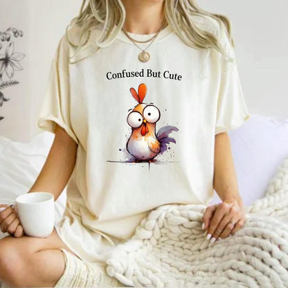 Comfort Colors Confused But Cute Shirt, Funny Chicken Tee, Cute Chicken Shirt, Handmade Chicken and Glasses Tee, Silly Chicken Graphic Shirt - Denoss