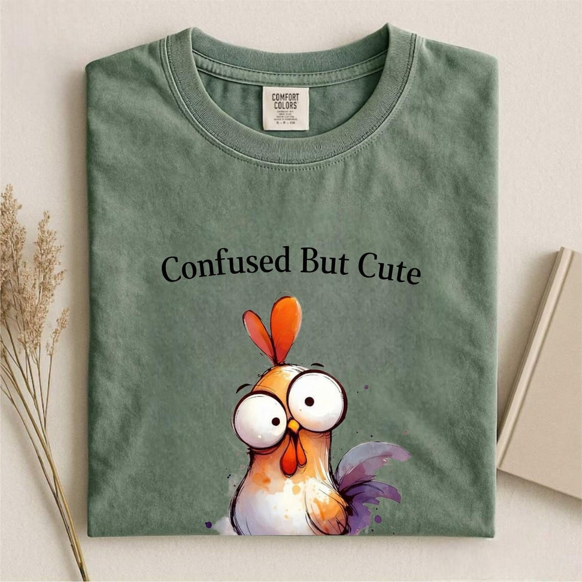 Comfort Colors Confused But Cute Shirt, Funny Chicken Tee, Cute Chicken Shirt, Handmade Chicken and Glasses Tee, Silly Chicken Graphic Shirt - Denoss