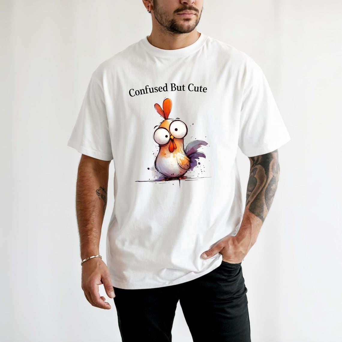 Comfort Colors Confused But Cute Shirt, Funny Chicken Tee, Cute Chicken Shirt, Handmade Chicken and Glasses Tee, Silly Chicken Graphic Shirt - Denoss