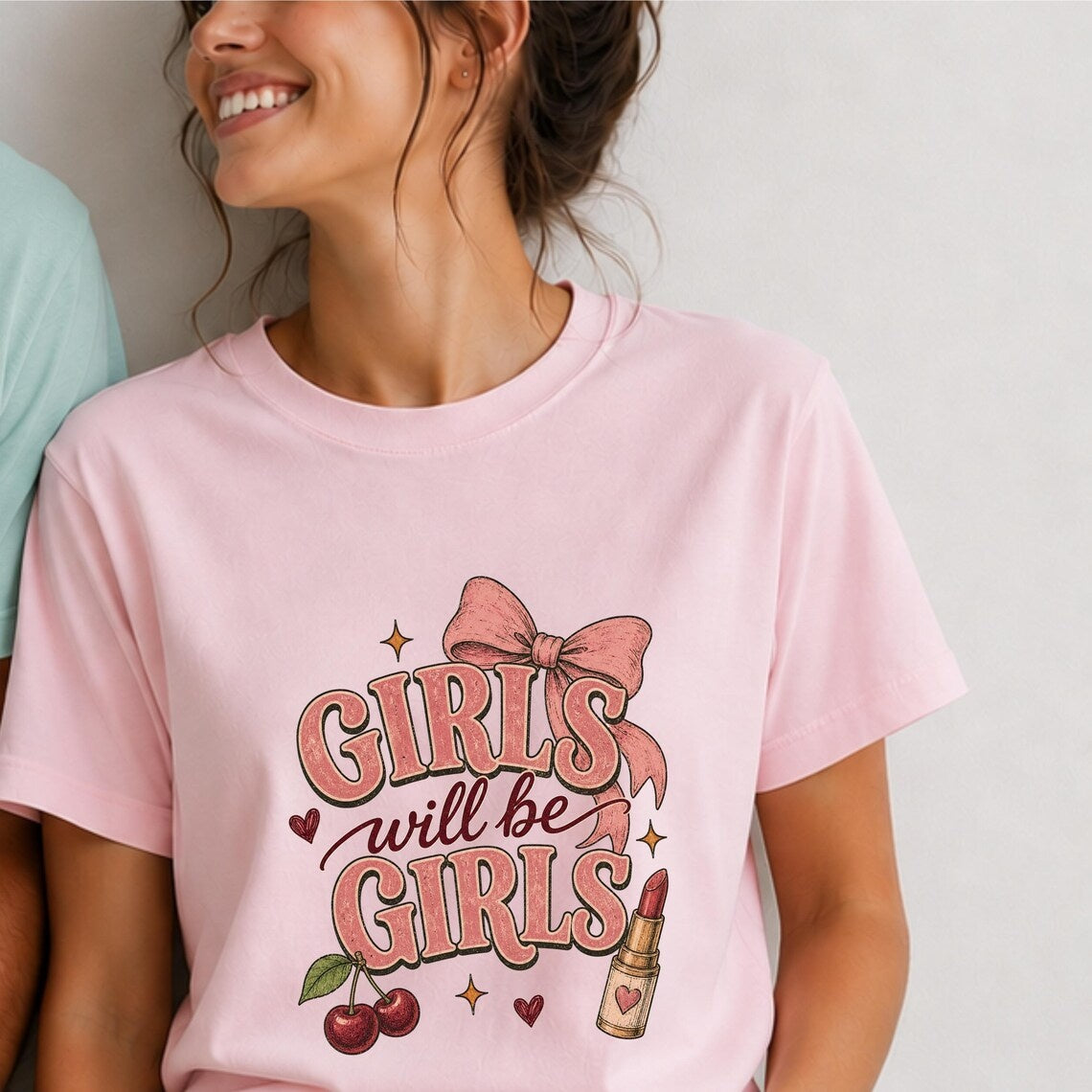 Comfort Colors Girls Will Be Girls Shirt, Cute Coquette Shirt, Pink Bow Tee, Handmade Cherry Tee, Trendy Women's Tee, Gift for Best Friend - Denoss