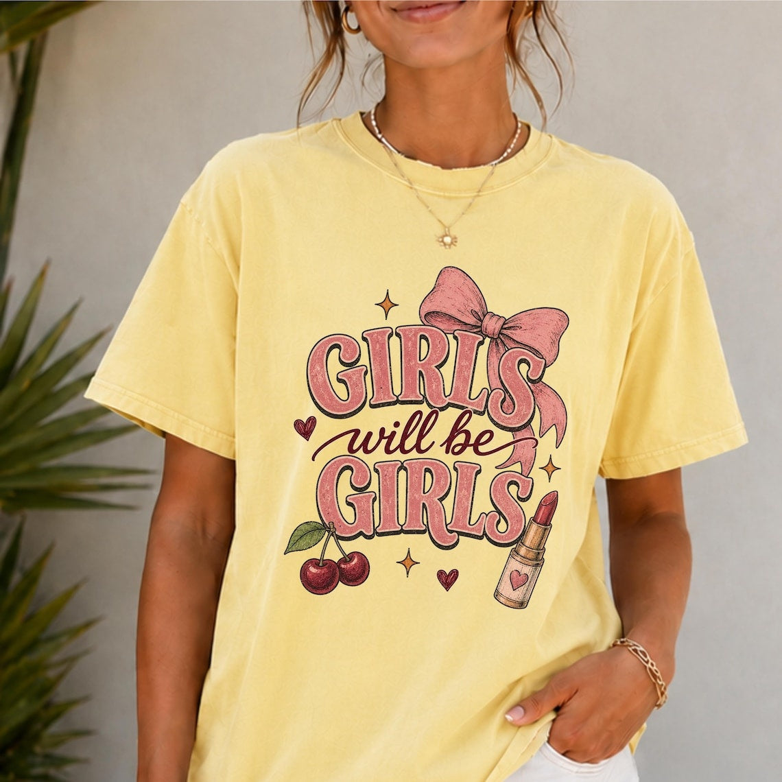 Comfort Colors Girls Will Be Girls Shirt, Cute Coquette Shirt, Pink Bow Tee, Handmade Cherry Tee, Trendy Women's Tee, Gift for Best Friend - Denoss