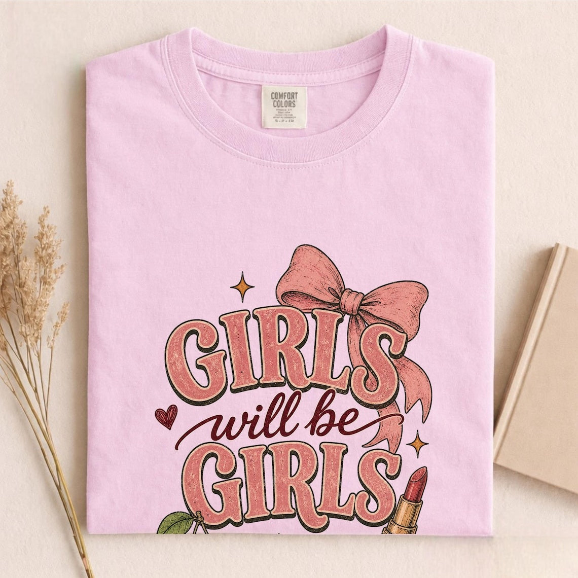 Comfort Colors Girls Will Be Girls Shirt, Cute Coquette Shirt, Pink Bow Tee, Handmade Cherry Tee, Trendy Women's Tee, Gift for Best Friend - Denoss