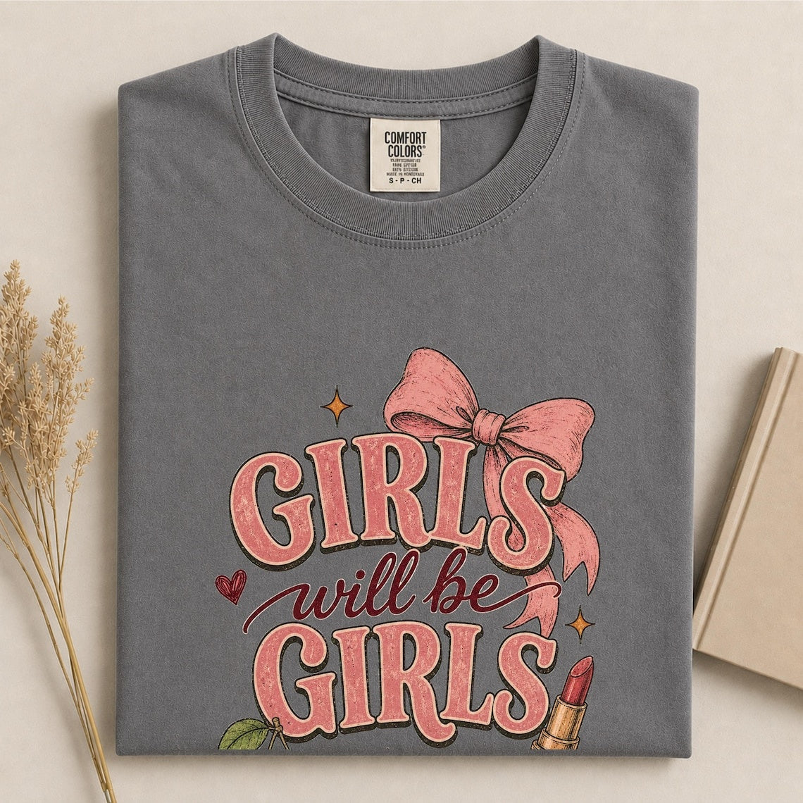 Comfort Colors Girls Will Be Girls Shirt, Cute Coquette Shirt, Pink Bow Tee, Handmade Cherry Tee, Trendy Women's Tee, Gift for Best Friend - Denoss