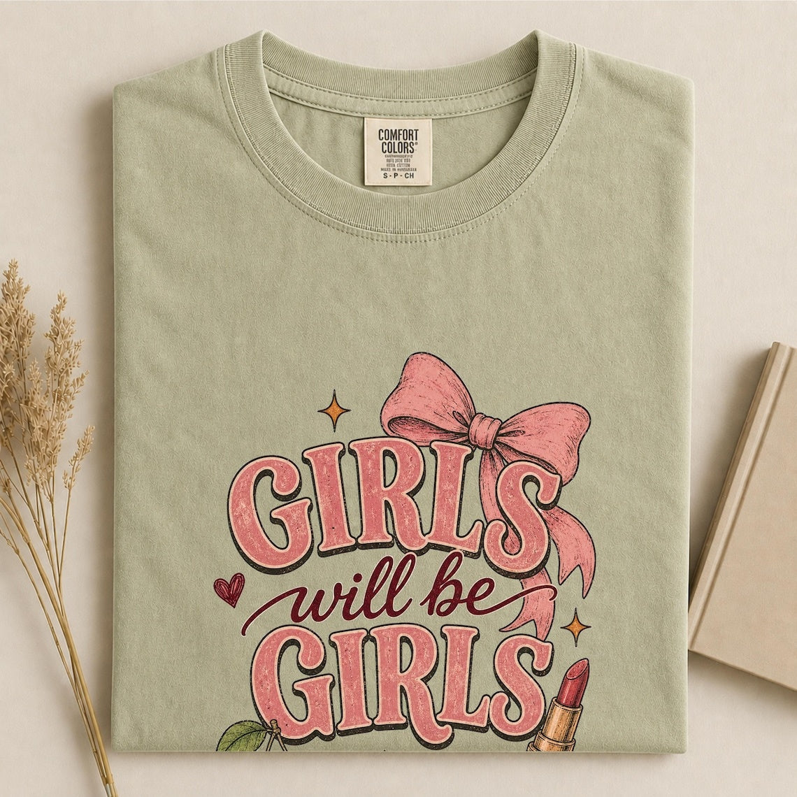 Comfort Colors Girls Will Be Girls Shirt, Cute Coquette Shirt, Pink Bow Tee, Handmade Cherry Tee, Trendy Women's Tee, Gift for Best Friend - Denoss