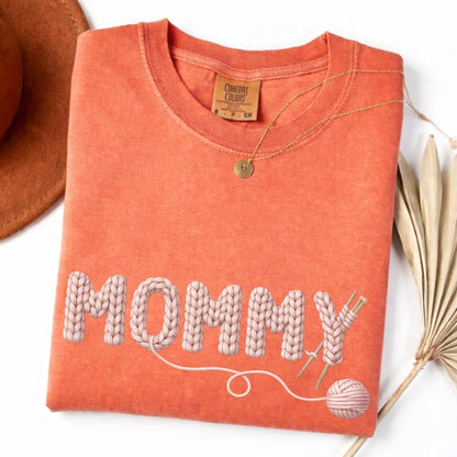 Comfort Colors Knitted Mommy Shirt, Crochet Mom T-Shirt, Handmade Yarn Mommy Design, Cozy Mother’s Day Gift for Mom, Knitting Lover Mom Tee - Denoss