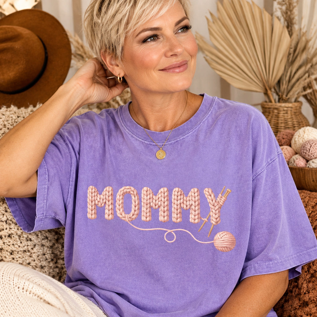 Comfort Colors Knitted Mommy Shirt, Crochet Mom T-Shirt, Handmade Yarn Mommy Design, Cozy Mother’s Day Gift for Mom, Knitting Lover Mom Tee - Denoss