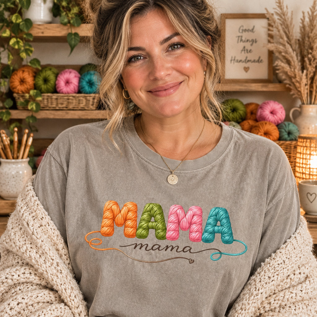 Comfort Colors Mama Shirt Knitted Yarn Design, Handmade Yarn Mommy Design, Cute Mom Gift Tee, Cozy MAMA Shirt, Mother’s Day Gift Tee - Denoss