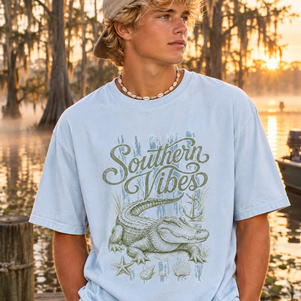 Comfort Colors Southern Vibes Alligator Shirt, Handmade Coastal Tee, Louisiana Gator Tee, Beach Vacation Tee, Southern Tee, Swamp Life Gift